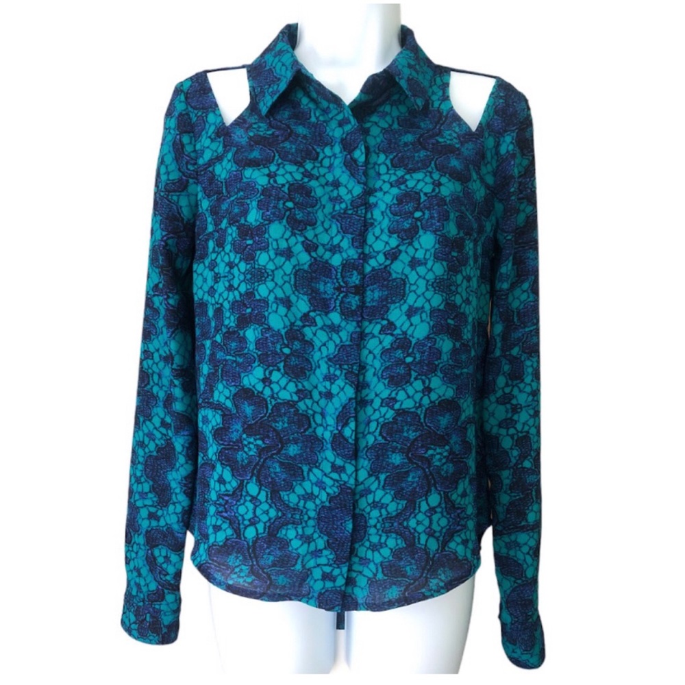 Nanette Lepore Size S Juniors Blouse Shirt Button-Down Cutouts Long Sleeve Green